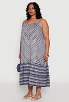 Womens Plus Size Border Print Keyhole Maxi Dress, Blue, Size 2X