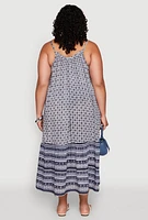 Womens Plus Size Border Print Keyhole Maxi Dress, Blue, Size 2X