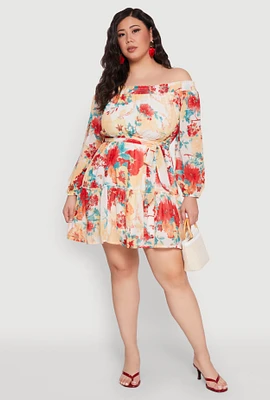 Womens Plus Size Off The Shoulder Tiered Dress, Multi, Size 3X