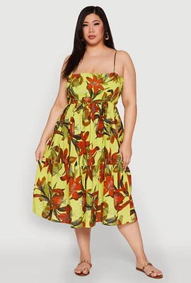 Womens Plus Floral Print Smocked Tiered Midi Dress, 1X