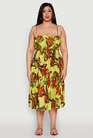Womens Plus Size Floral Print Smocked Tiered Midi Dress, Green, Size 1X