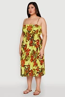 Womens Plus Floral Print Smocked Tiered Midi Dress, 1X