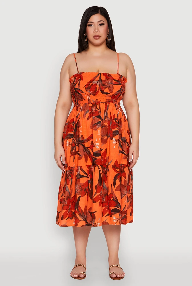 Womens Plus Size Floral Print Smocked Tiered Midi Dress, Orange, Size 3X