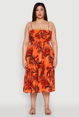 Womens Plus Size Floral Print Smocked Tiered Midi Dress, Orange, Size 3X