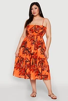 Womens Plus Size Floral Print Smocked Tiered Midi Dress, Orange, Size 3X