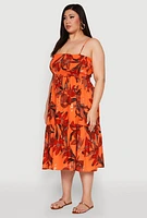 Womens Plus Size Floral Print Smocked Tiered Midi Dress, Orange, Size 3X