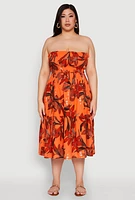 Womens Plus Size Floral Print Smocked Tiered Midi Dress, Orange, Size 3X