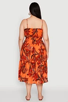 Womens Plus Size Floral Print Smocked Tiered Midi Dress, Orange, Size 2X