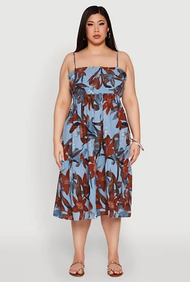 Womens Plus Floral Print Smocked Tiered Midi Dress,