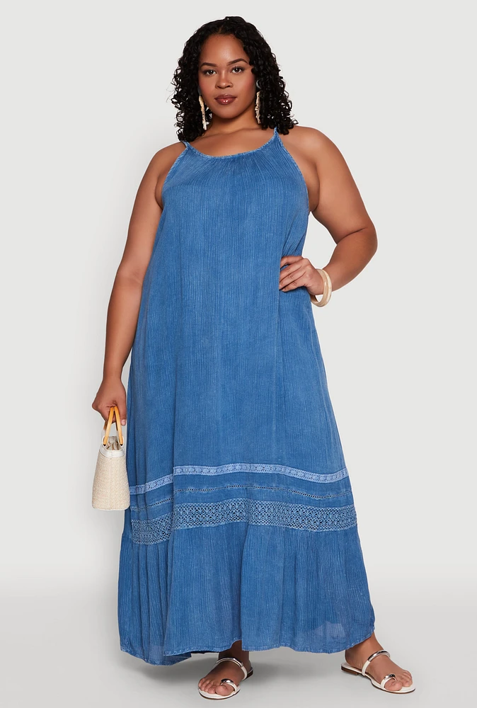 Womens Plus Size Ruffle Trim Maxi Dress, Blue, Size 2X