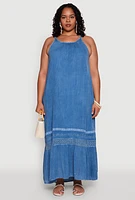 Womens Plus Size Ruffle Trim Maxi Dress, Blue, Size 2X
