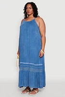 Womens Plus Size Ruffle Trim Maxi Dress, Blue, Size 2X