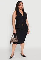 Womens Plus Size Zip Front Belted Cargo Dress, Black, Size 2X