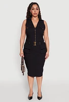Womens Plus Size Zip Front Belted Cargo Dress, Black, Size 2X