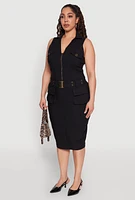 Womens Plus Size Zip Front Belted Cargo Dress, Black, Size 1X