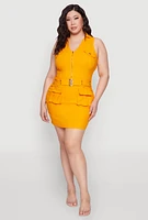 Womens Plus Size Collared Cargo Pocket Dress, Yellow, Size 2X