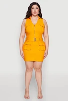 Womens Plus Size Collared Cargo Pocket Dress, Yellow, Size 2X