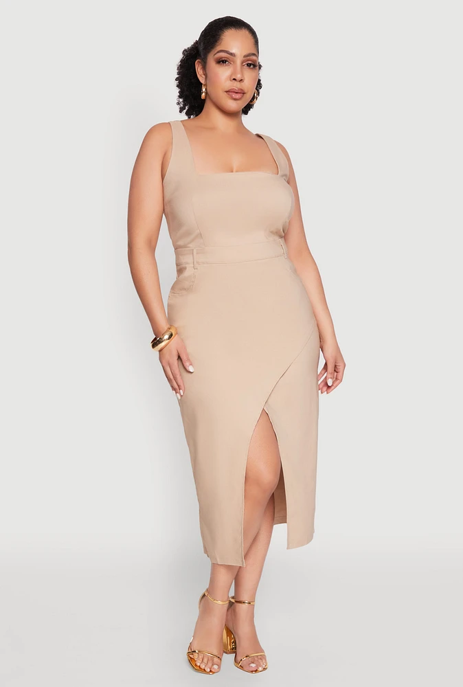 Womens Plus Hyperstretch Front Slit Midi Dress,