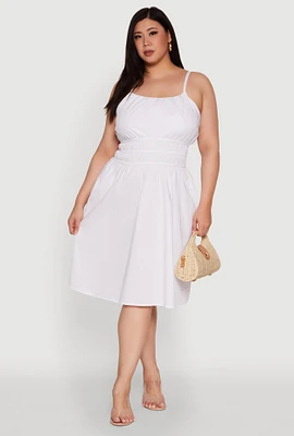 Womens Plus Size Smocked Waist Poplin Midi Dress, White, Size 3X