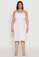 Womens Plus Size Smocked Waist Poplin Midi Dress, White, Size 3X