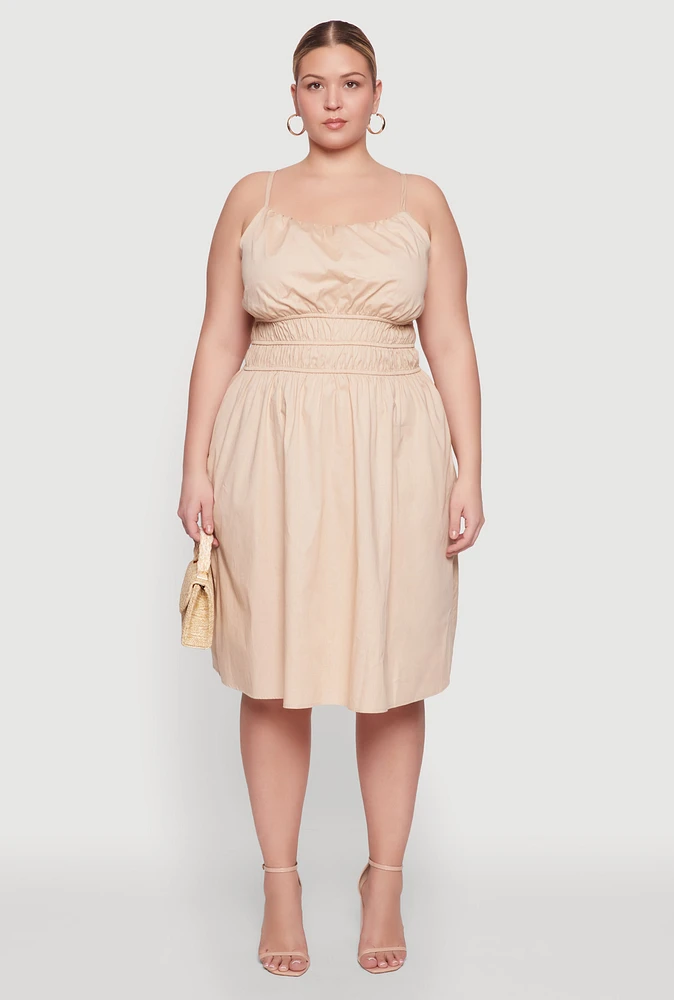 Womens Plus Size Smocked Waist Poplin Midi Dress, Beige, Size 2X