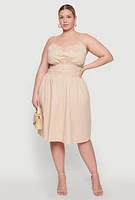 Womens Plus Size Smocked Waist Poplin Midi Dress, Beige, Size 2X