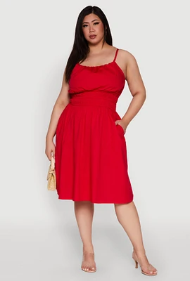 Womens Plus Smocked Waist Poplin Midi Dress, 3X
