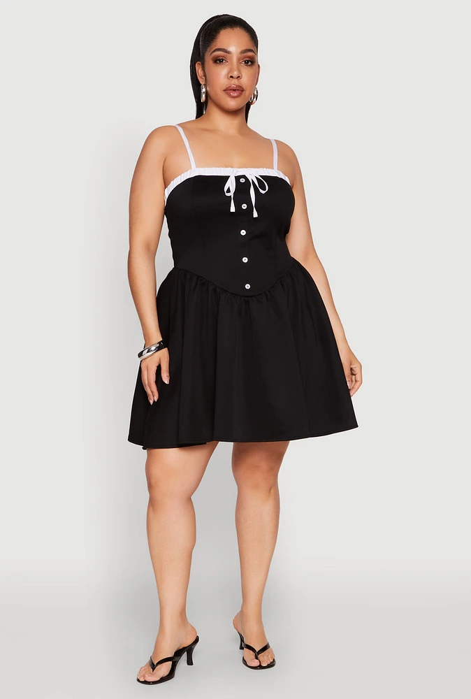 Womens Plus Contrast Trim Corset Skater Dress,