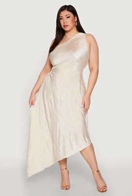 Womens Plus Size Plisse Asymmetrical One Shoulder Dress, White, Size 2X