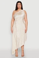 Womens Plus Size Plisse Asymmetrical One Shoulder Dress, White, Size 2X