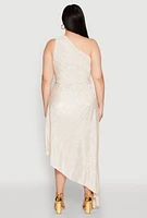 Womens Plus Size Plisse Asymmetrical One Shoulder Dress, White, Size 2X
