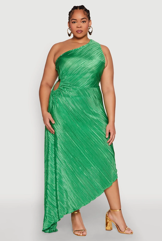 Womens Plus Size Plisse Asymmetrical One Shoulder Dress, Green, Size 3X