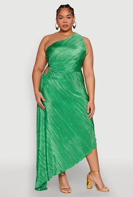 Womens Plus Size Plisse Asymmetrical One Shoulder Dress, Green, Size 3X