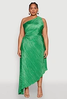 Womens Plus Size Plisse Asymmetrical One Shoulder Dress, Green, Size 3X