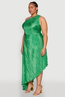 Womens Plus Size Plisse Asymmetrical One Shoulder Dress, Green, Size 3X