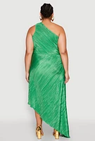Womens Plus Size Plisse Asymmetrical One Shoulder Dress, Green, Size 3X