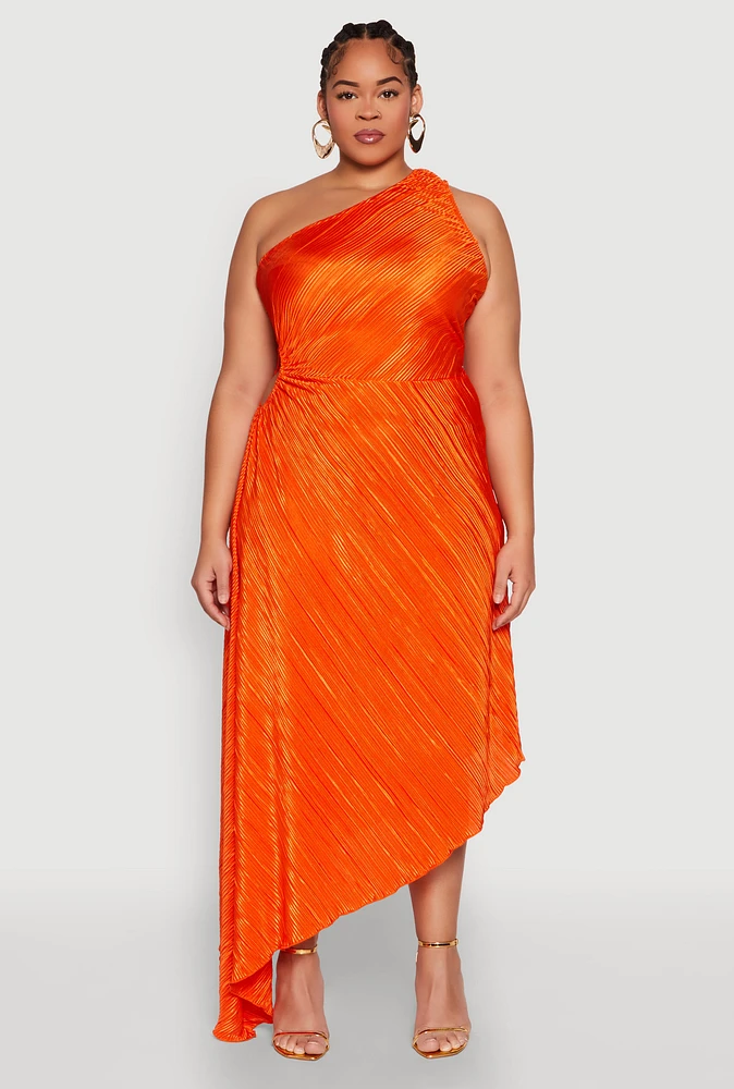 Womens Plus Size Plisse Asymmetrical One Shoulder Dress, Orange, Size 3X