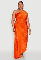 Womens Plus Size Plisse Asymmetrical One Shoulder Dress, Orange, Size 3X