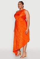 Womens Plus Size Plisse Asymmetrical One Shoulder Dress, Orange, Size 3X