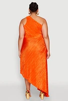 Womens Plus Size Plisse Asymmetrical One Shoulder Dress, Orange, Size 3X