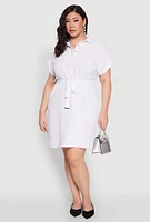 Womens Plus Size Crepe Knit Half Button Shirt Dress, White, Size 1X