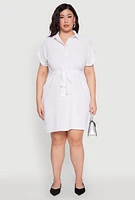 Womens Plus Size Crepe Knit Half Button Shirt Dress, White, Size 1X