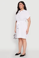 Womens Plus Size Crepe Knit Half Button Shirt Dress, White, Size 1X