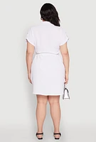 Womens Plus Size Crepe Knit Half Button Shirt Dress, White, Size 1X
