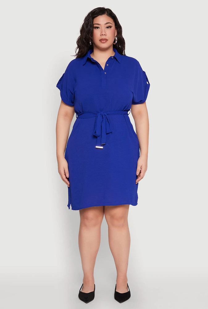 Womens Plus Size Crepe Knit Half Button Shirt Dress, Blue, Size 3X