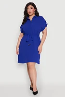 Womens Plus Size Crepe Knit Half Button Shirt Dress, Blue, Size 2X
