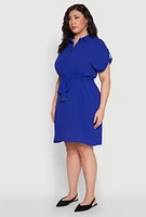 Womens Plus Size Crepe Knit Half Button Shirt Dress, Blue, Size 2X