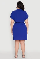 Womens Plus Size Crepe Knit Half Button Shirt Dress, Blue, Size 2X