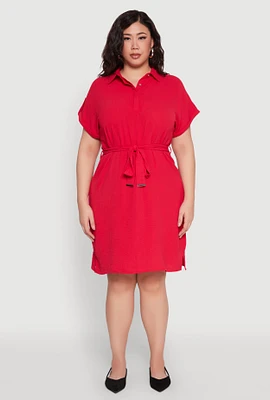 Womens Plus Crepe Knit Half Button Shirt Dress,