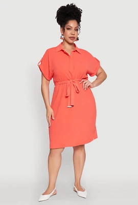 Womens Plus Crepe Knit Half Button Shirt Dress,